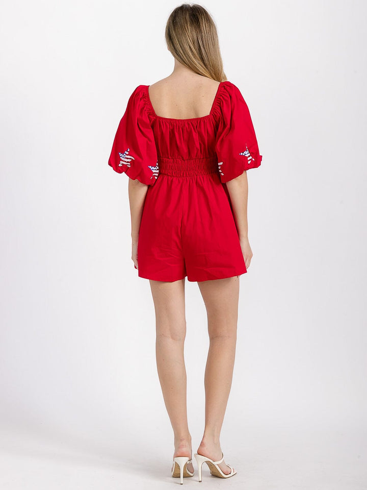 WOMEN'S SHORT PUFF SLEEVE FRONT POCKETS SMOCK WAIST SEQUINS PATRIOTIC ROMPER