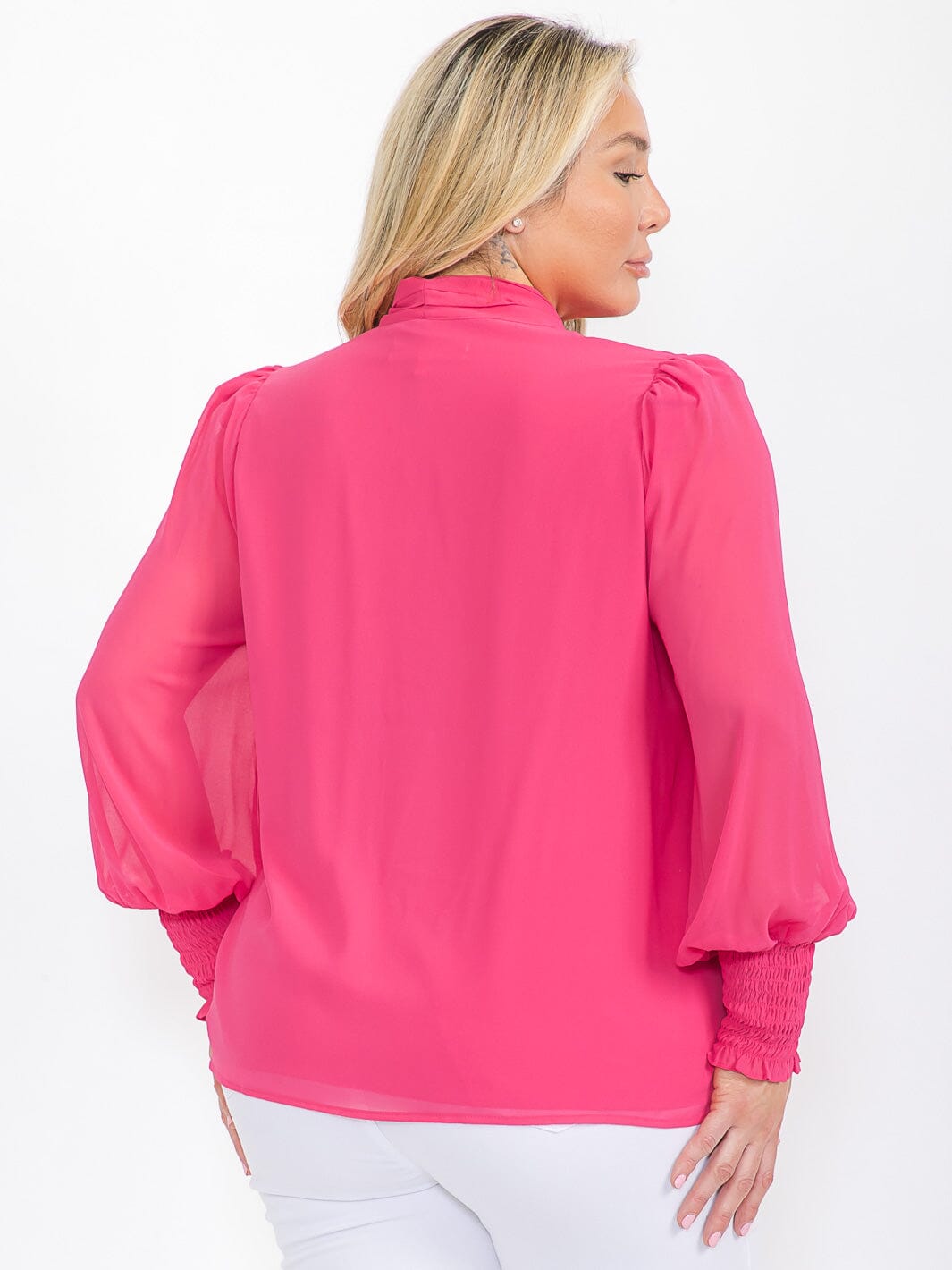 PLUS SIZE LONG SLEEVE NECK TIE SOLID BLOUSE