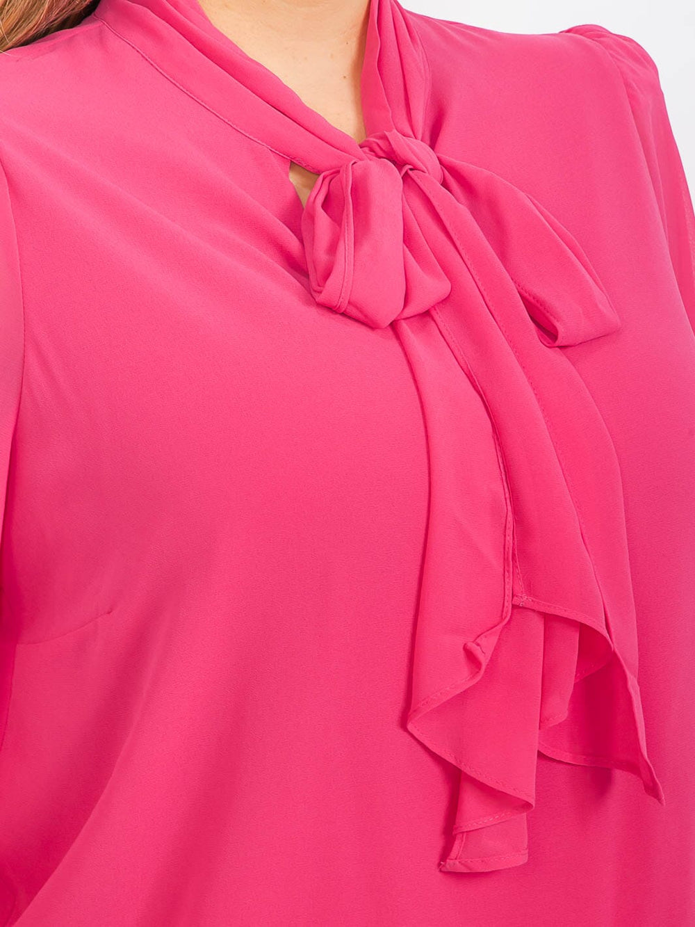 PLUS SIZE LONG SLEEVE NECK TIE SOLID BLOUSE