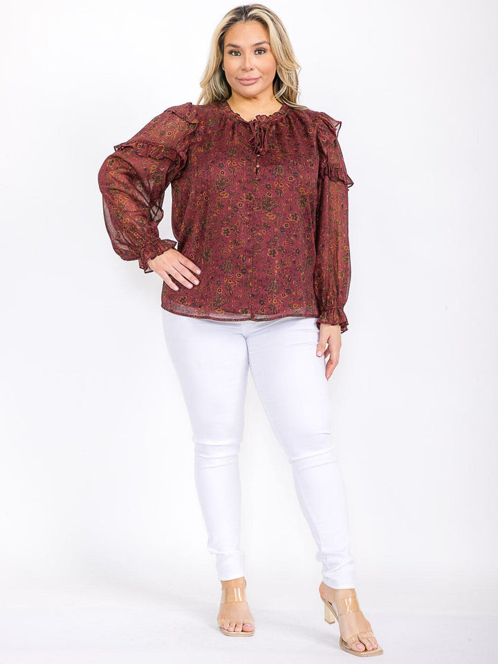 PLUS SIZE LONG SLEEVE RUFFLE FLORAL BLOUSE