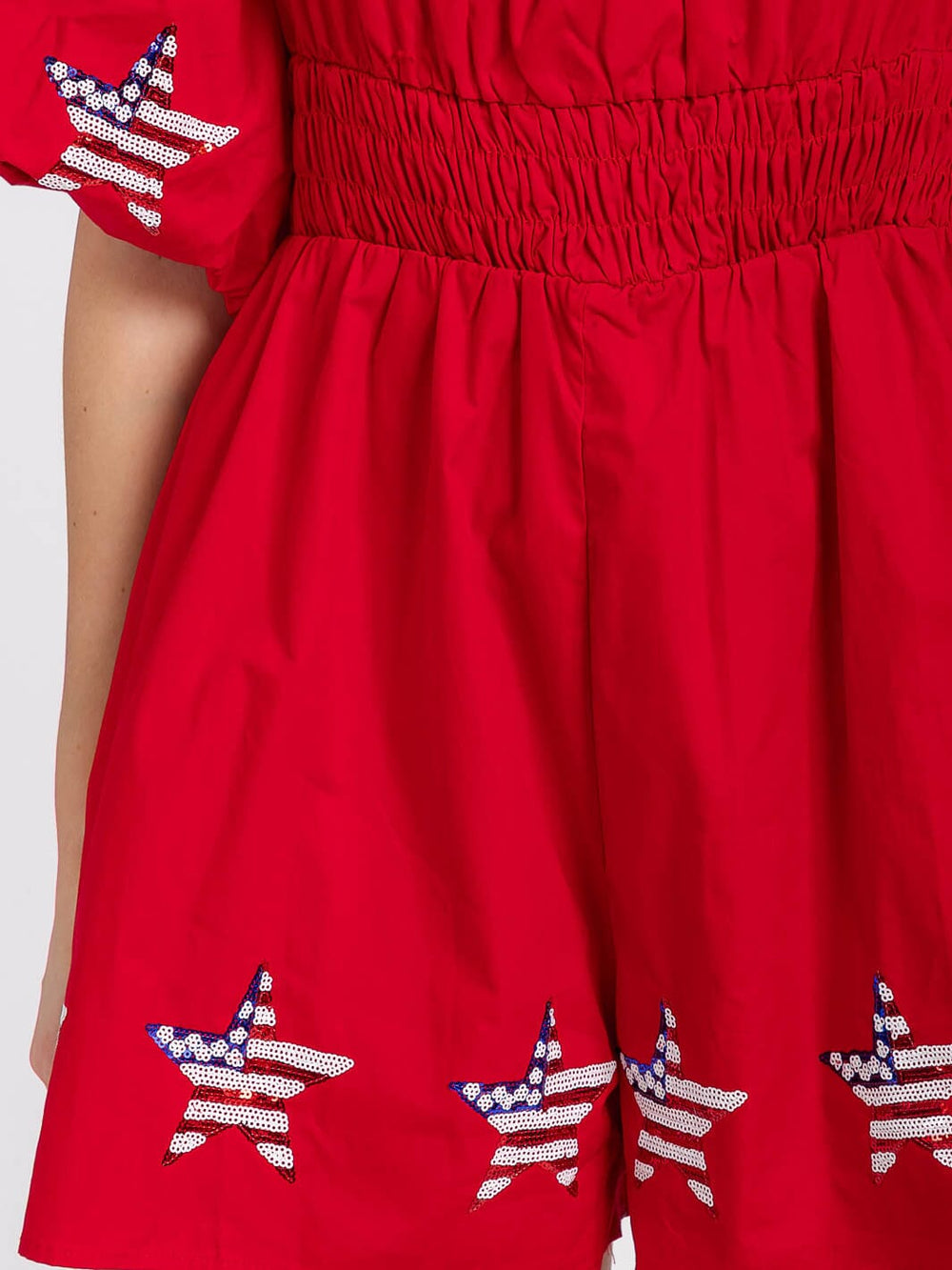 WOMEN'S SHORT PUFF SLEEVE FRONT POCKETS SMOCK WAIST SEQUINS PATRIOTIC ROMPER