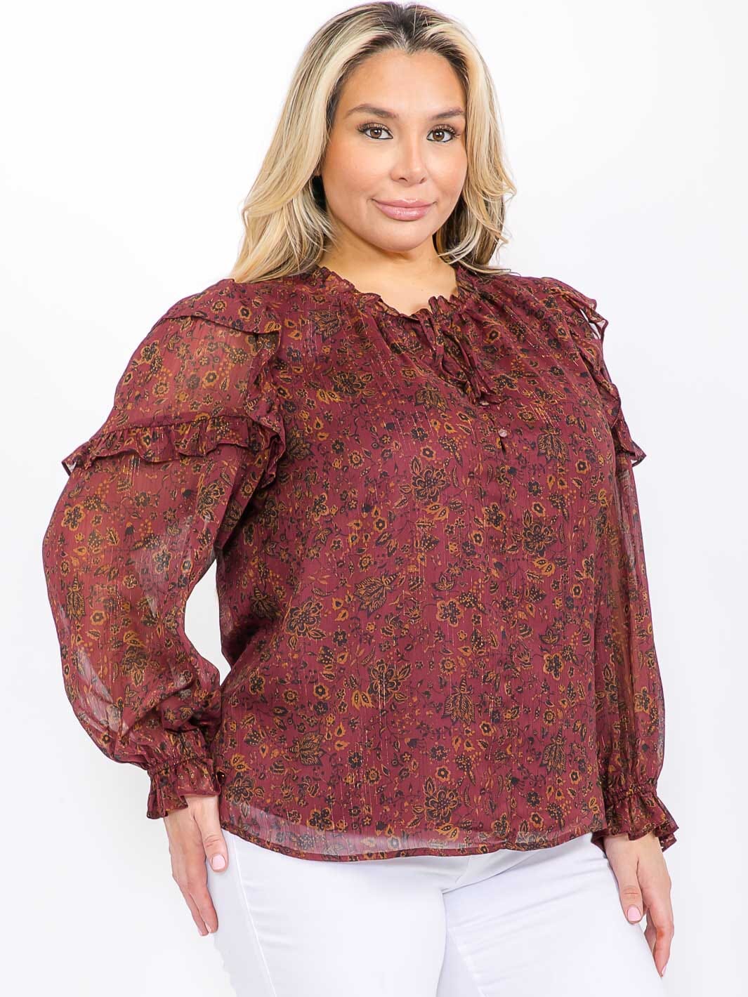 PLUS SIZE LONG SLEEVE RUFFLE FLORAL BLOUSE