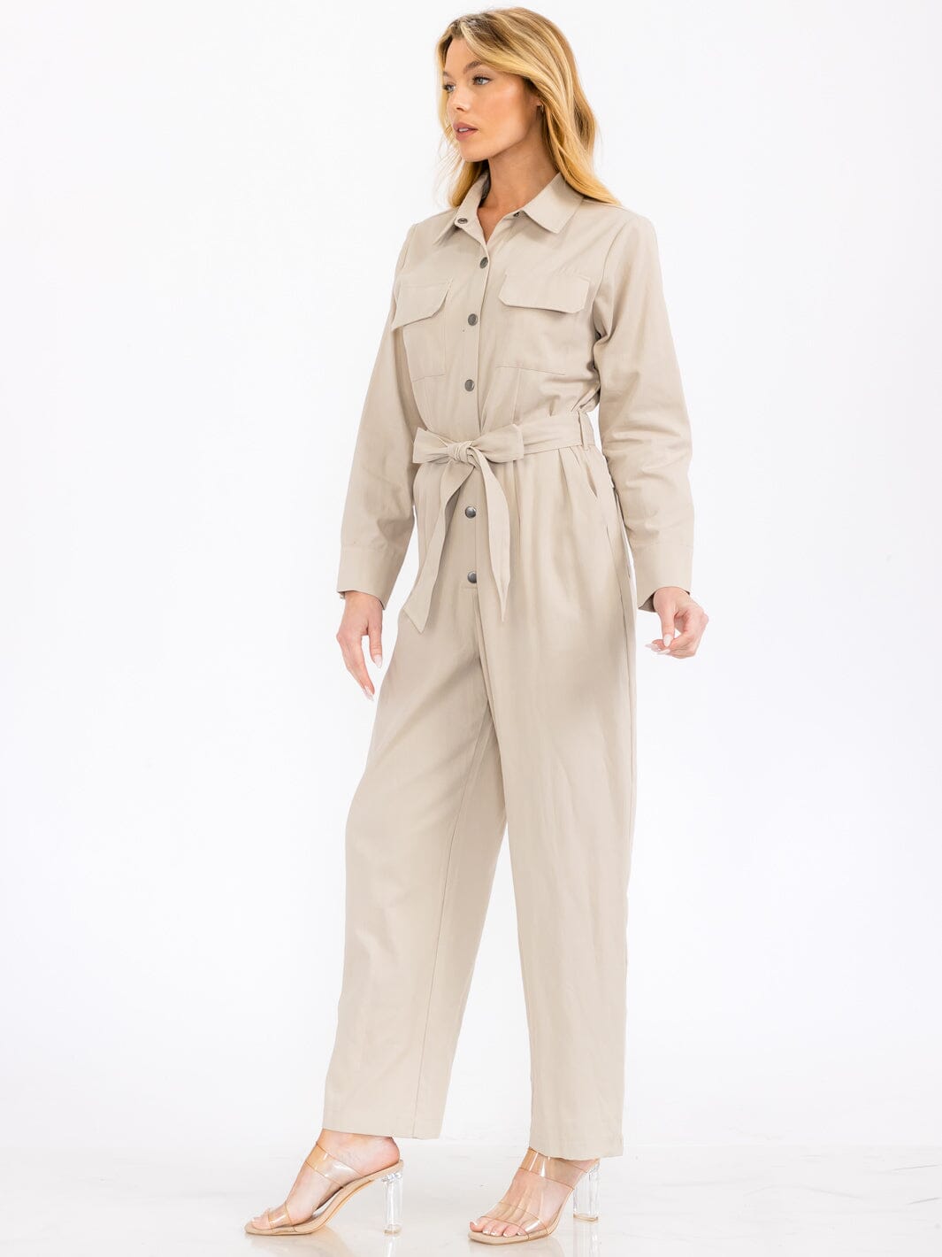 WOMEN'S LONG SLEEVE BUTTON UP SELF TIE FRONT POCKETS WIDE LEG JUMPSUIT