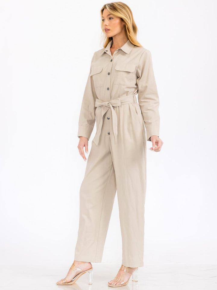 WOMEN'S LONG SLEEVE BUTTON UP SELF TIE FRONT POCKETS WIDE LEG JUMPSUIT