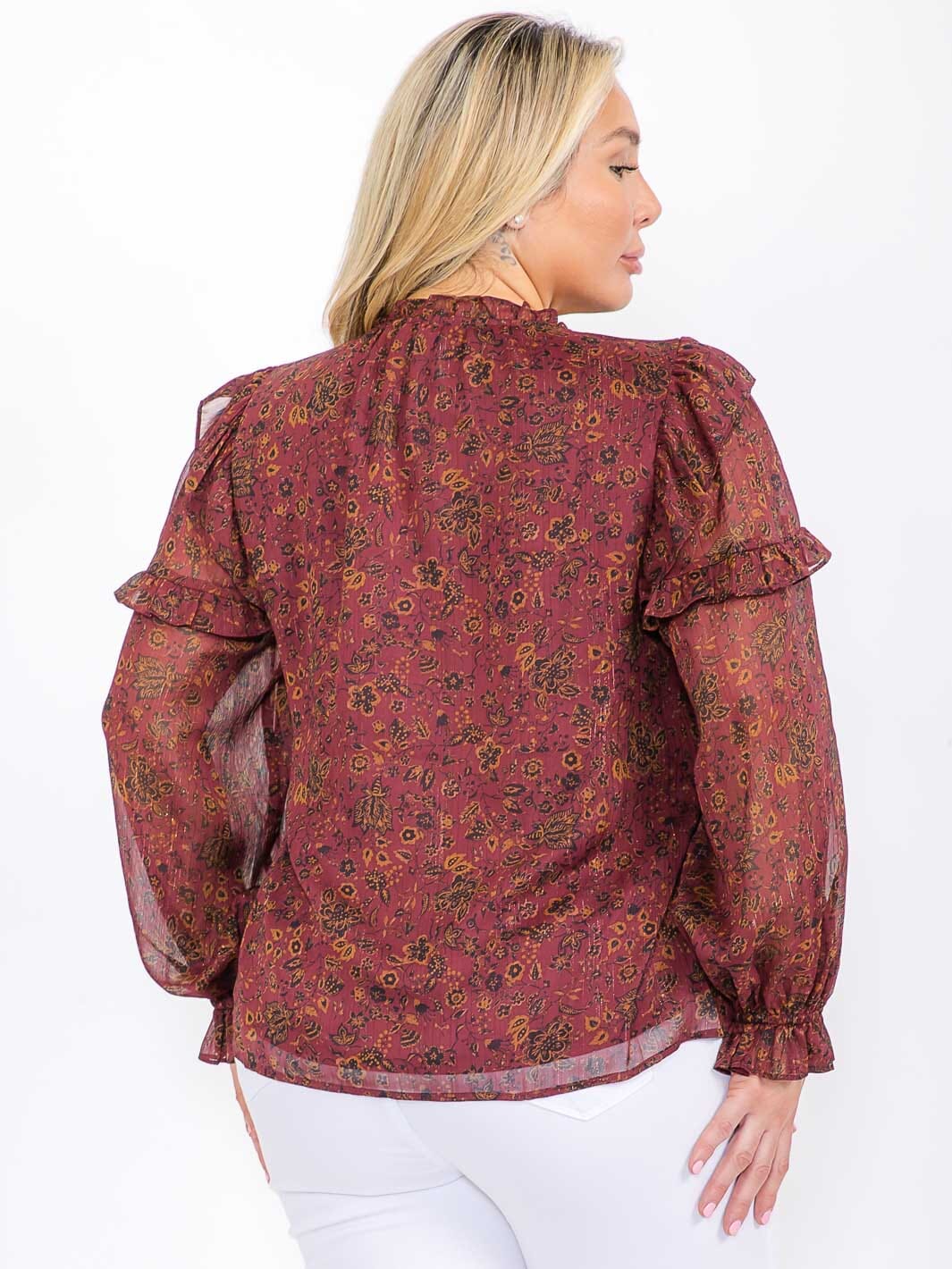 PLUS SIZE LONG SLEEVE RUFFLE FLORAL BLOUSE