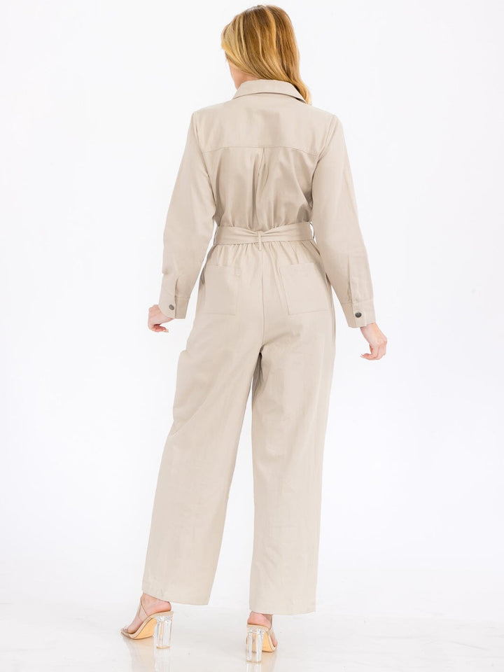 WOMEN'S LONG SLEEVE BUTTON UP SELF TIE FRONT POCKETS WIDE LEG JUMPSUIT