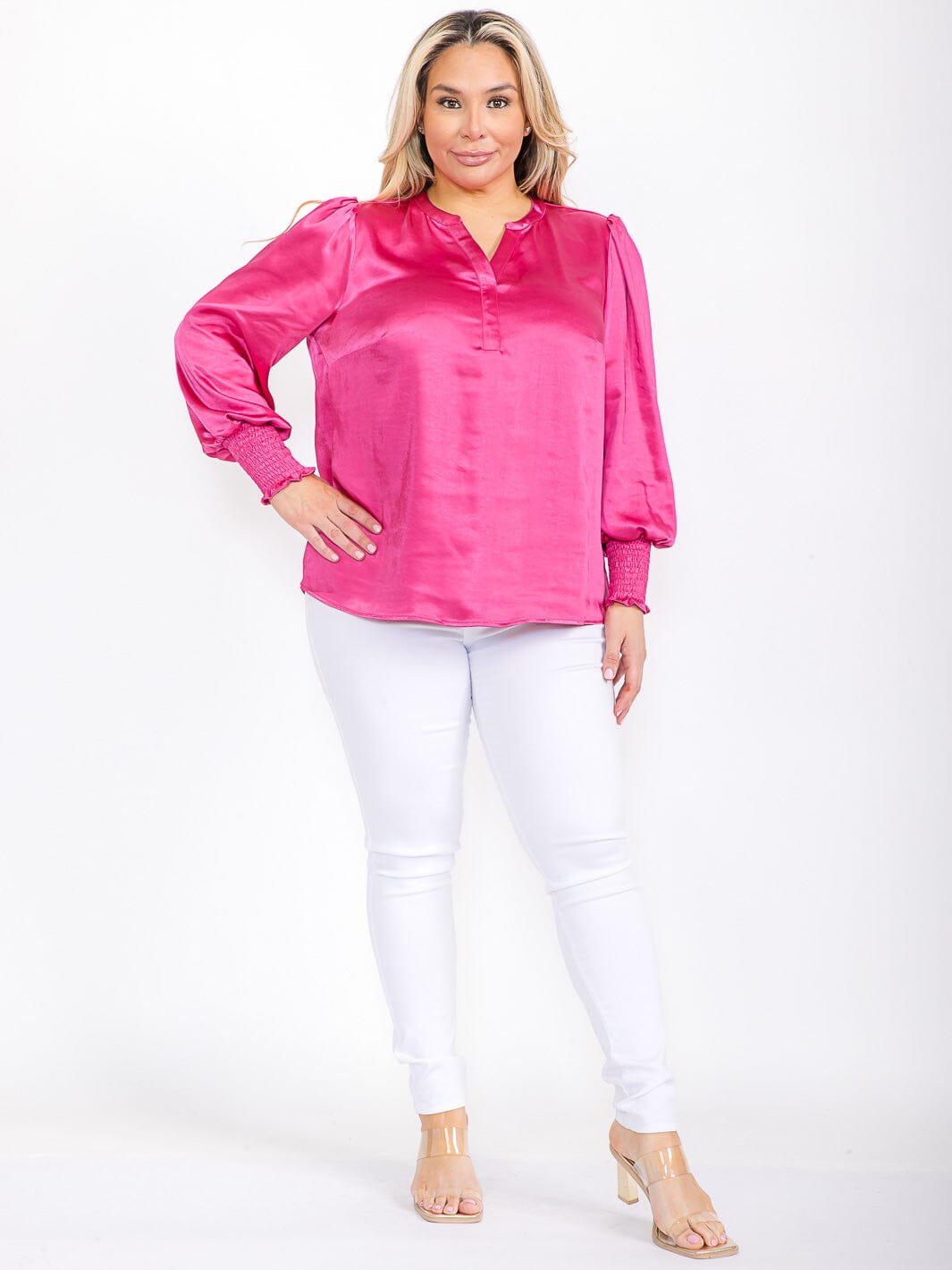PLUS SIZE LONG SLEEVE V-NECK SATIN BLOUSE