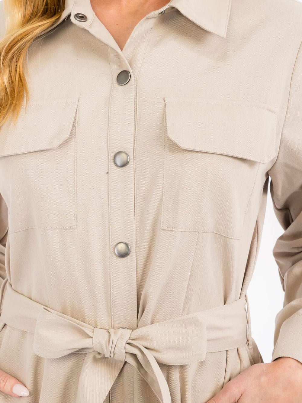 WOMEN'S LONG SLEEVE BUTTON UP SELF TIE FRONT POCKETS WIDE LEG JUMPSUIT