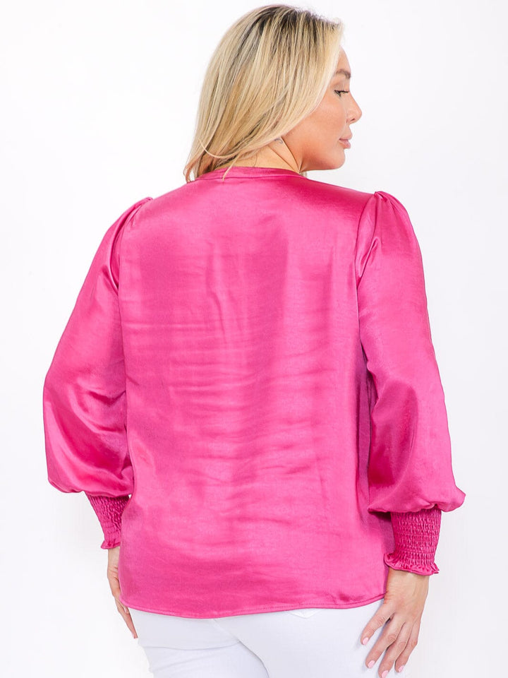 PLUS SIZE LONG SLEEVE V-NECK SATIN BLOUSE