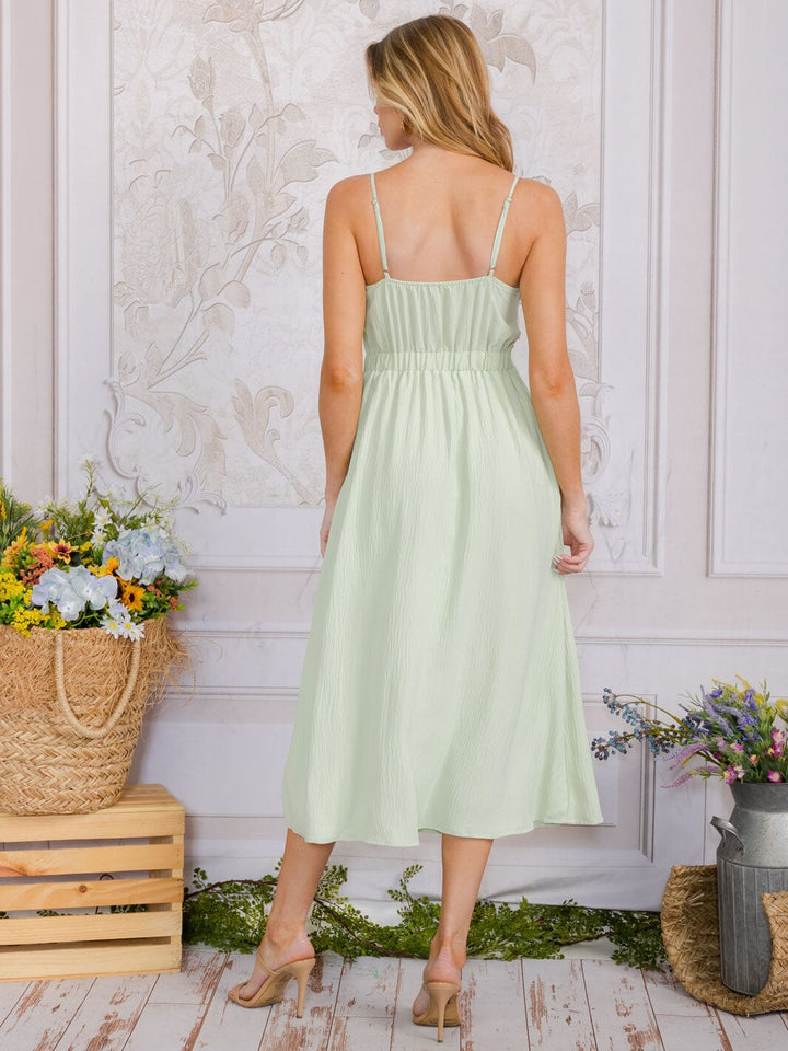 WOMEN'S SLEEVELESS V-NECK LACE DETAILED FRONT POCKETS MIDI DRESS