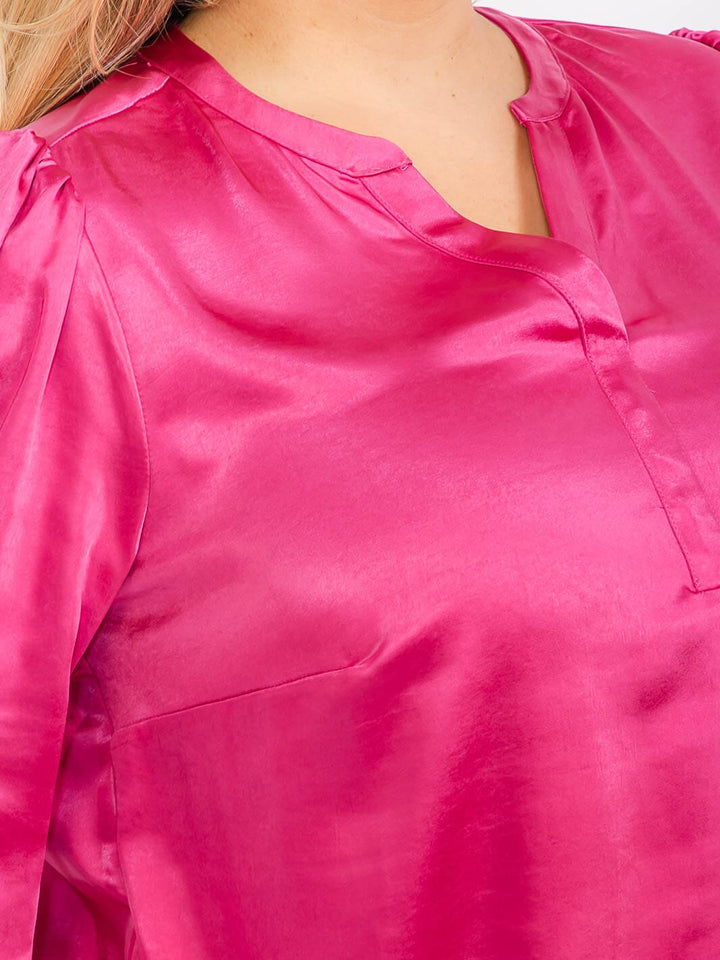 PLUS SIZE LONG SLEEVE V-NECK SATIN BLOUSE