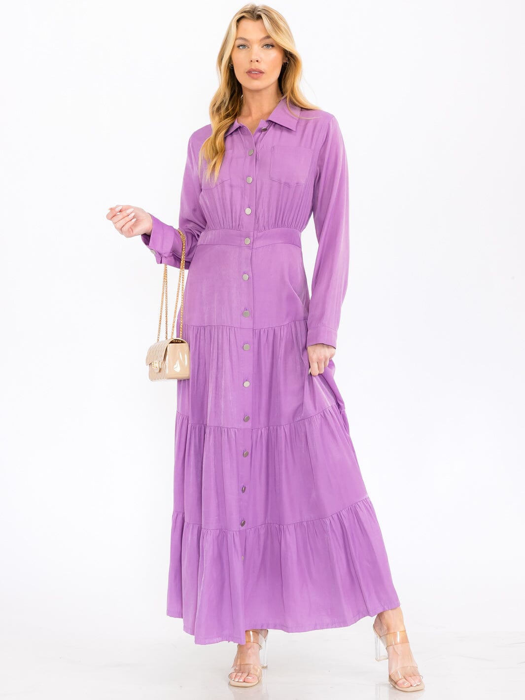 WOMEN'S LONG SLEEVE BUTTON UP TIERED MAXI DRESS