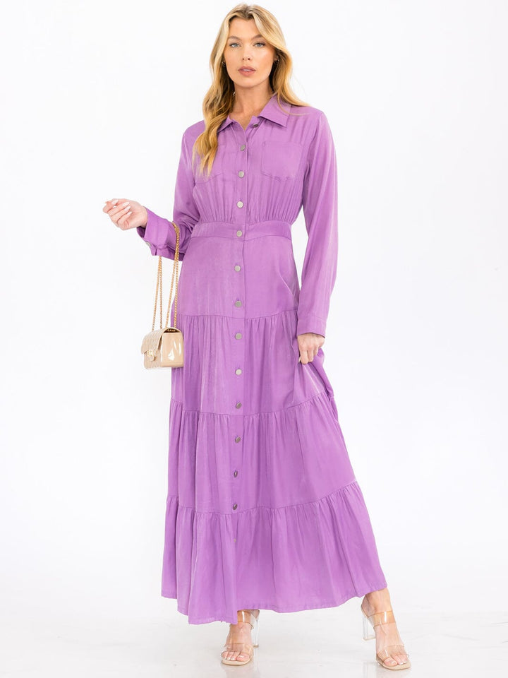 WOMEN'S LONG SLEEVE BUTTON UP TIERED MAXI DRESS
