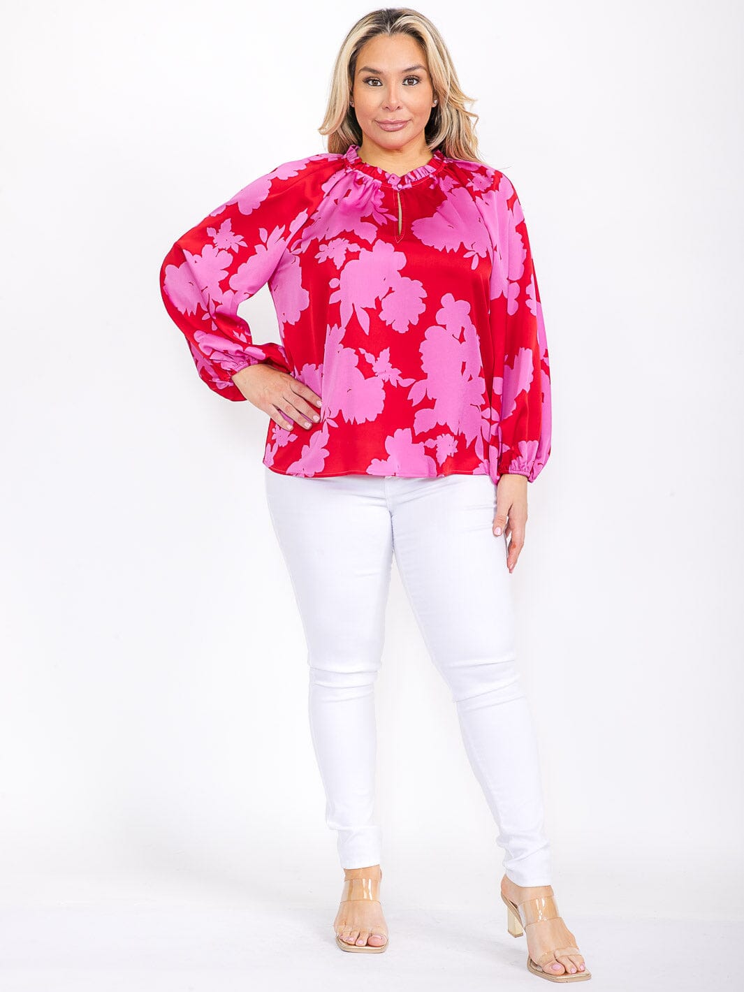 PLUS SIZE LONG SLEEVE RUFFLE NECK FLORAL BLOUSE
