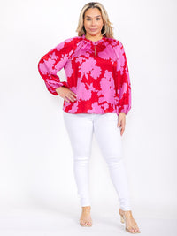PLUS SIZE LONG SLEEVE RUFFLE NECK FLORAL BLOUSE