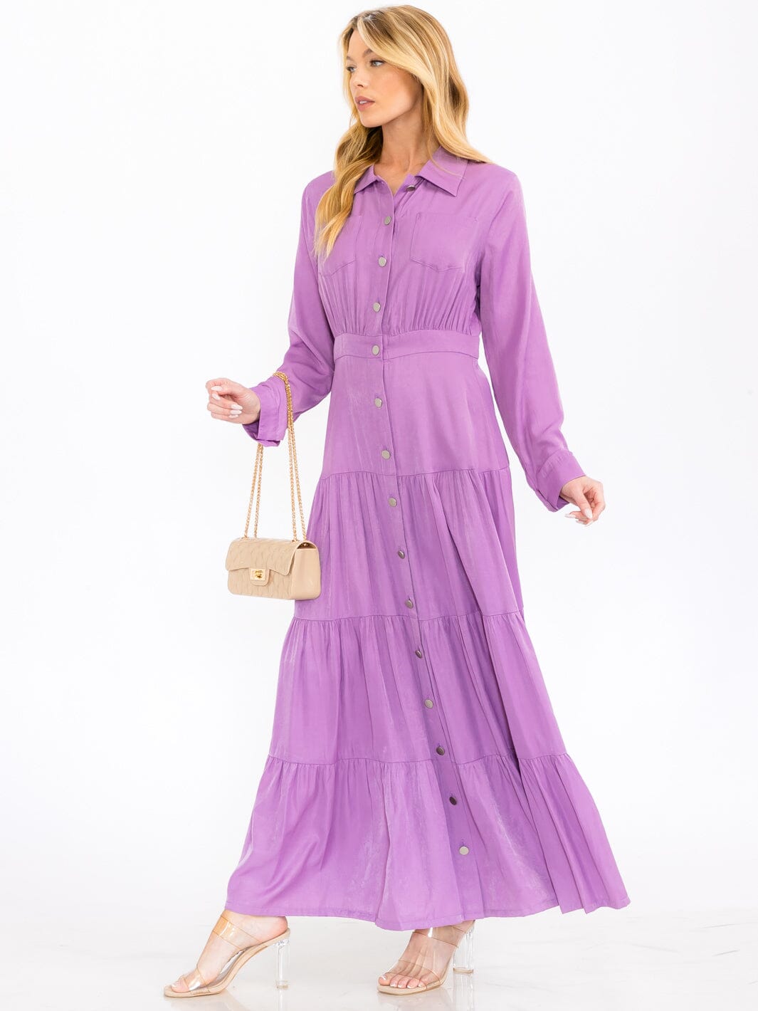 WOMEN'S LONG SLEEVE BUTTON UP TIERED MAXI DRESS