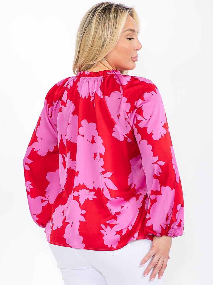 PLUS SIZE LONG SLEEVE RUFFLE NECK FLORAL BLOUSE