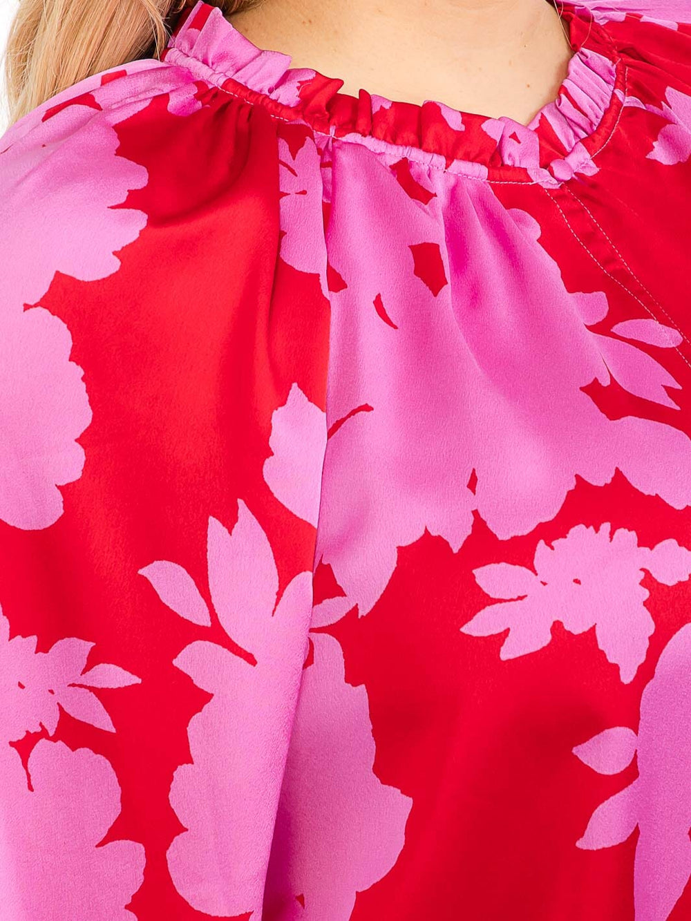 PLUS SIZE LONG SLEEVE RUFFLE NECK FLORAL BLOUSE