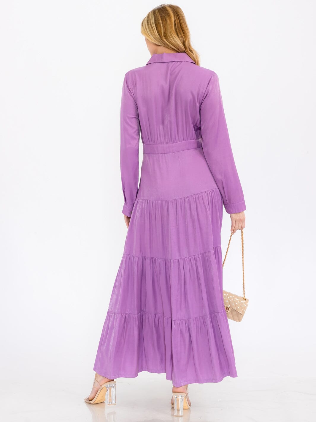 WOMEN'S LONG SLEEVE BUTTON UP TIERED MAXI DRESS