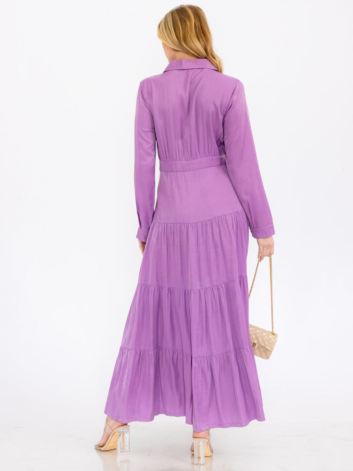 WOMEN'S LONG SLEEVE BUTTON UP TIERED MAXI DRESS