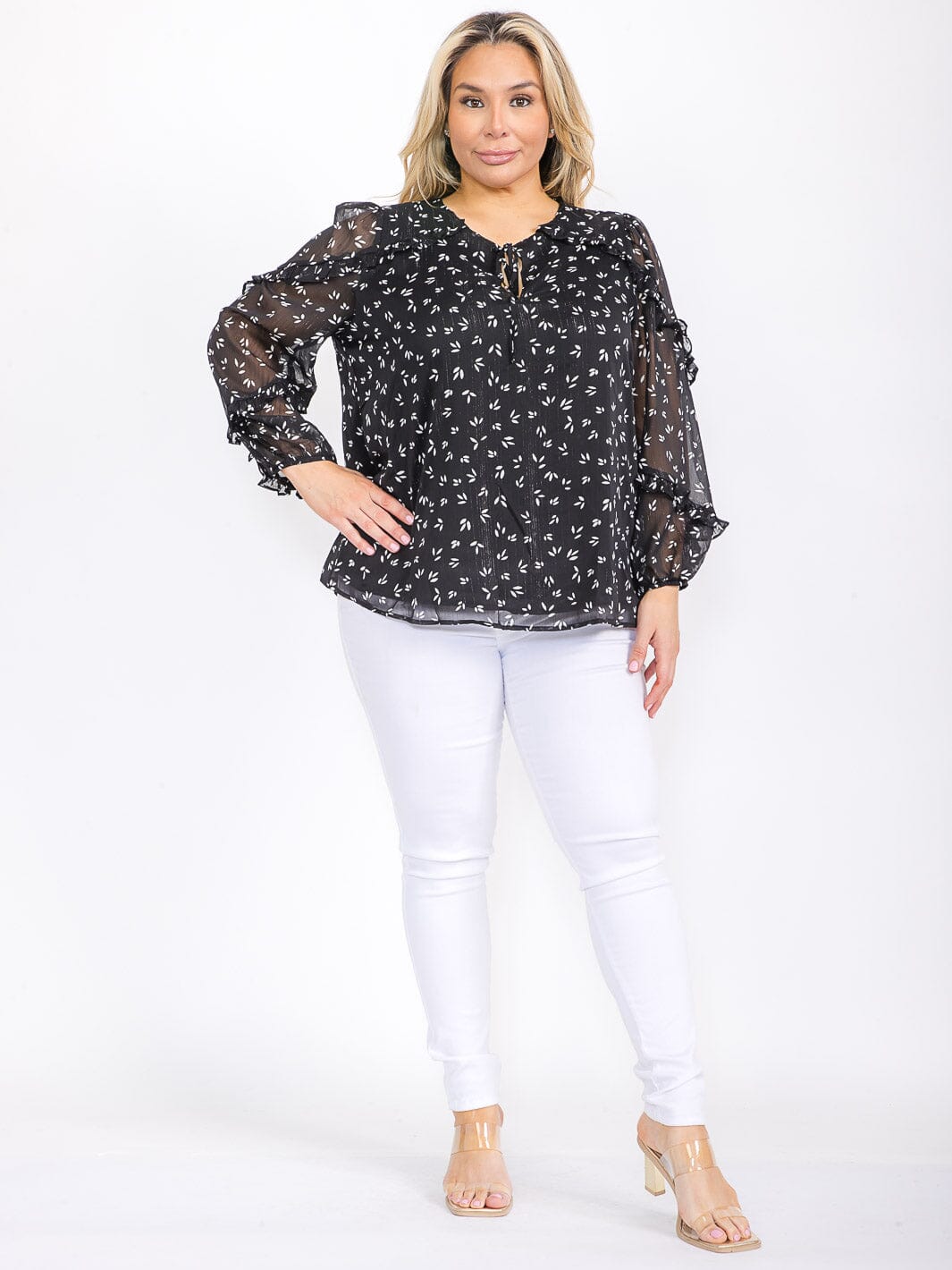 PLUS SIZE LONG SLEEVE RUFFLE V-NECK FLORAL BLOUSE