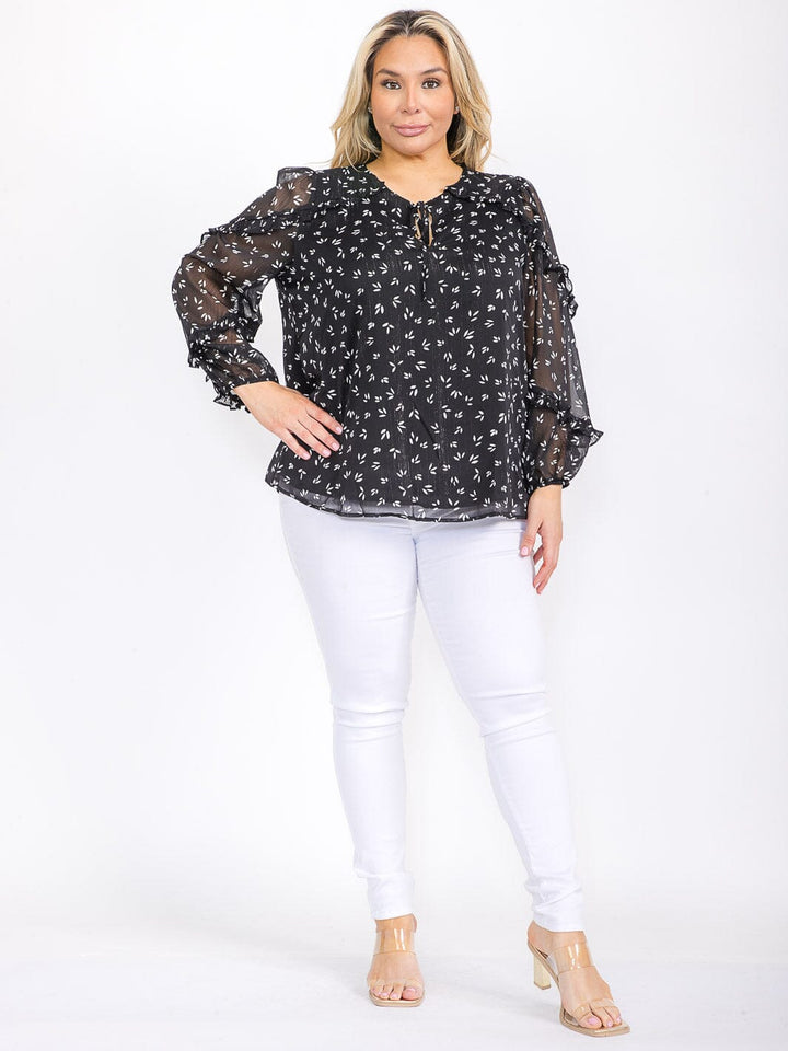 PLUS SIZE LONG SLEEVE RUFFLE V-NECK FLORAL BLOUSE