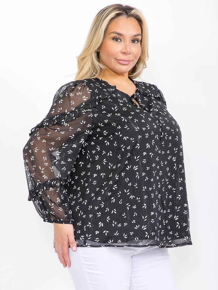 PLUS SIZE LONG SLEEVE RUFFLE V-NECK FLORAL BLOUSE