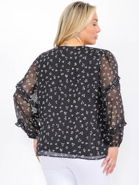 PLUS SIZE LONG SLEEVE RUFFLE V-NECK FLORAL BLOUSE