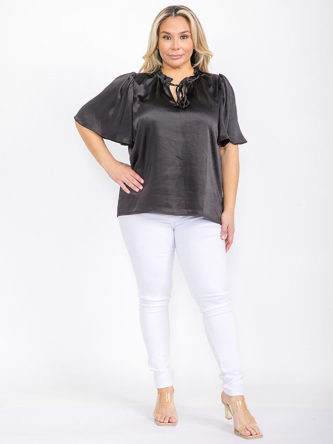 PLUS SIZE SHORT SLEEVE V-NECK SATIN BLOUSE