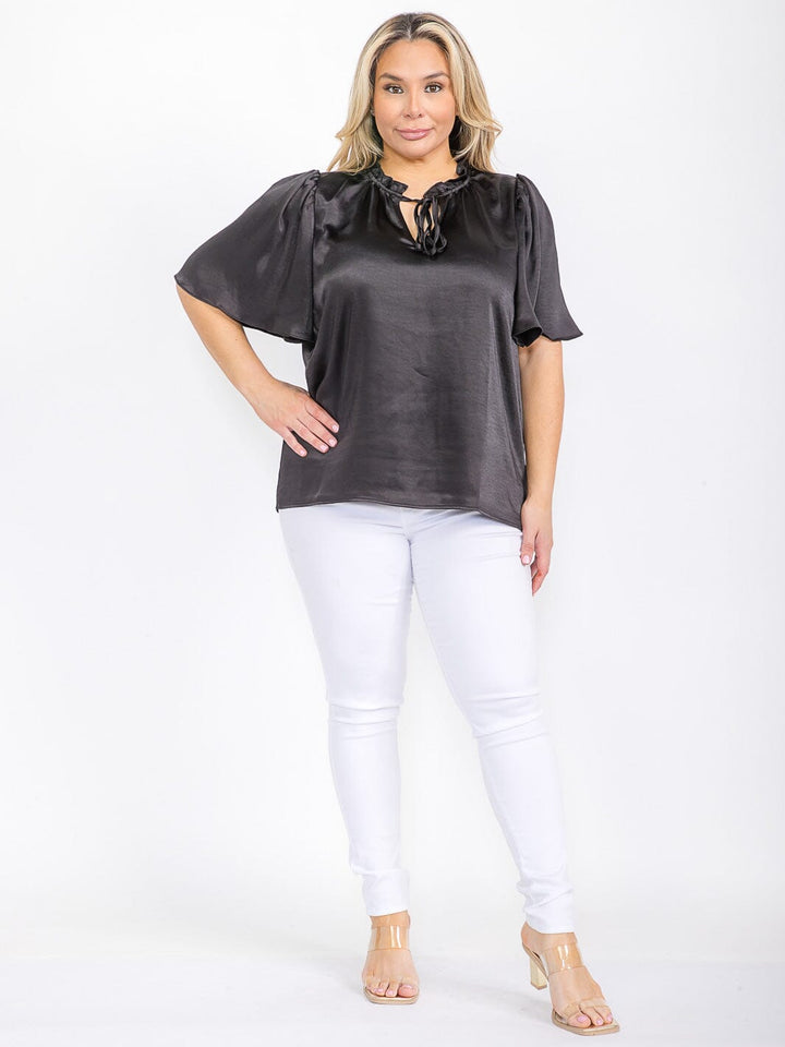 PLUS SIZE SHORT SLEEVE V-NECK SATIN BLOUSE