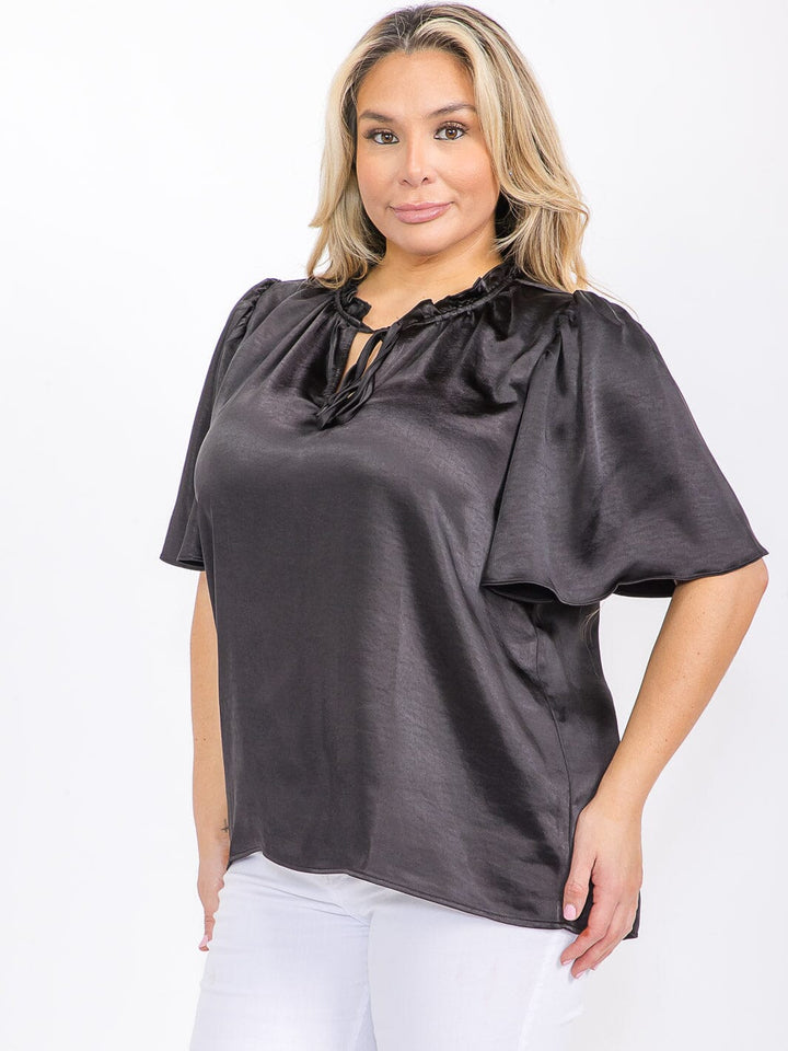 PLUS SIZE SHORT SLEEVE V-NECK SATIN BLOUSE