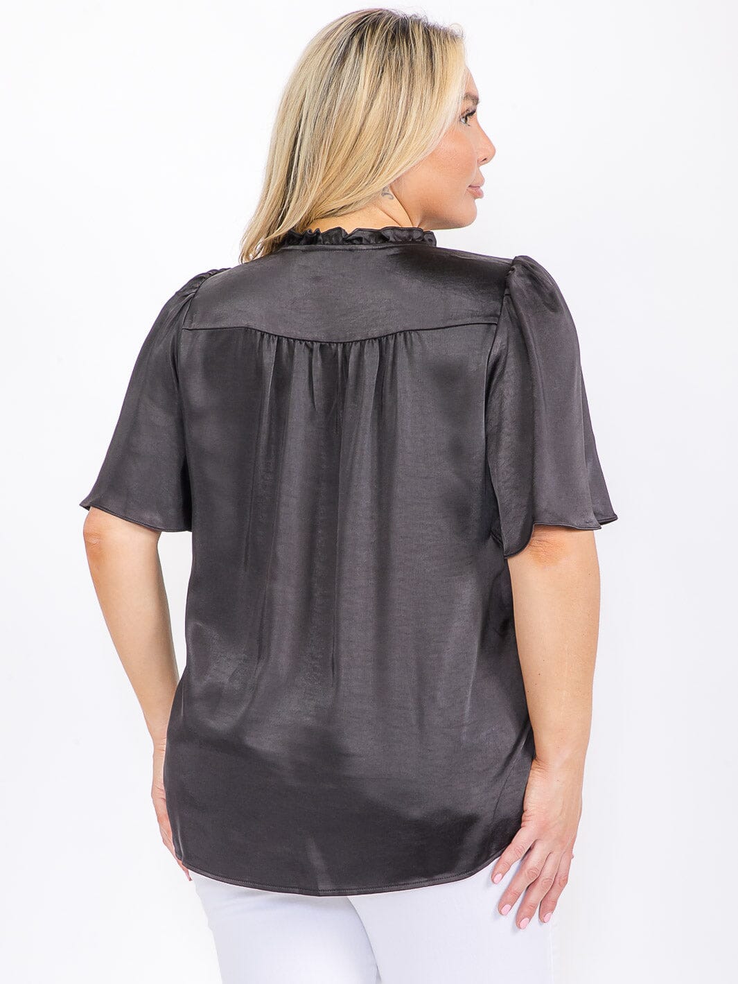 PLUS SIZE SHORT SLEEVE V-NECK SATIN BLOUSE