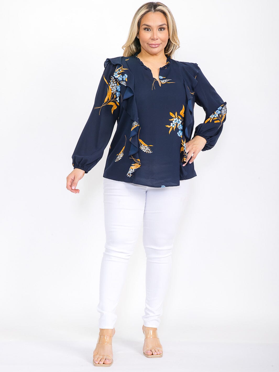 PLUS SIZE LONG SLEEVE RUFFLE V-NECK FLORAL BLOUSE