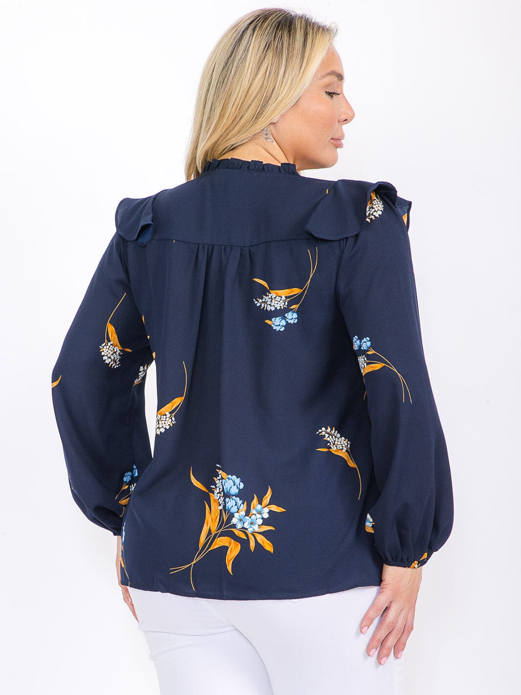 PLUS SIZE LONG SLEEVE RUFFLE V-NECK FLORAL BLOUSE