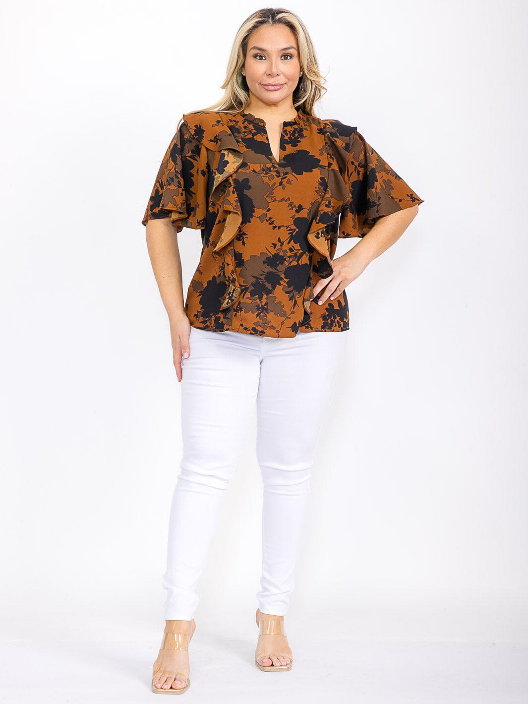 PLUS SIZE SHORT SLEEVE V-NECK RUFFLE FLORAL BLOUSE