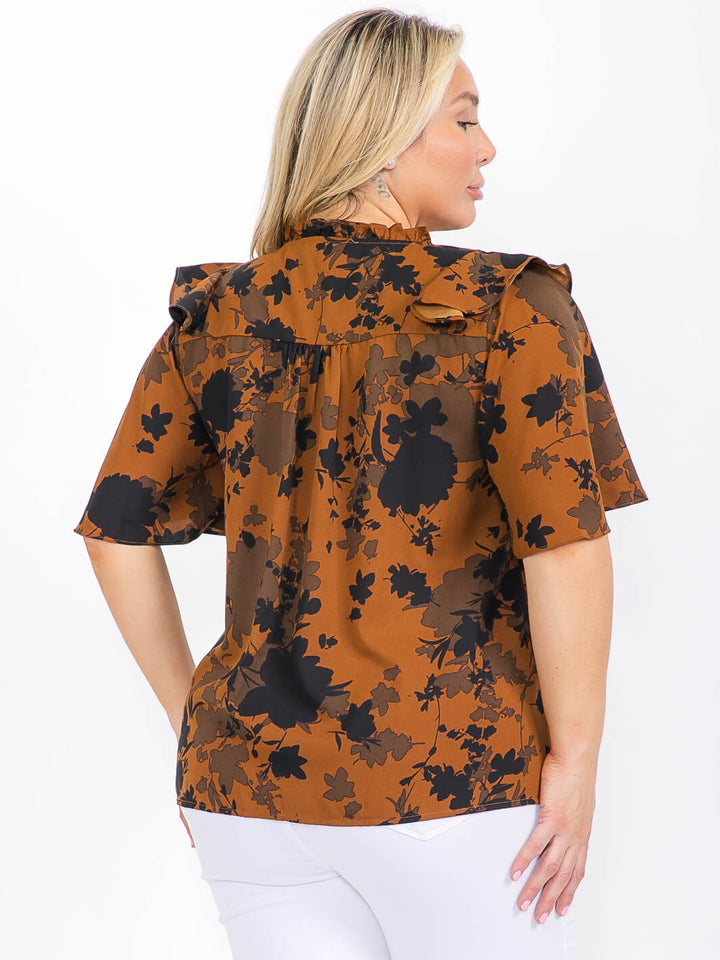 PLUS SIZE SHORT SLEEVE V-NECK RUFFLE FLORAL BLOUSE