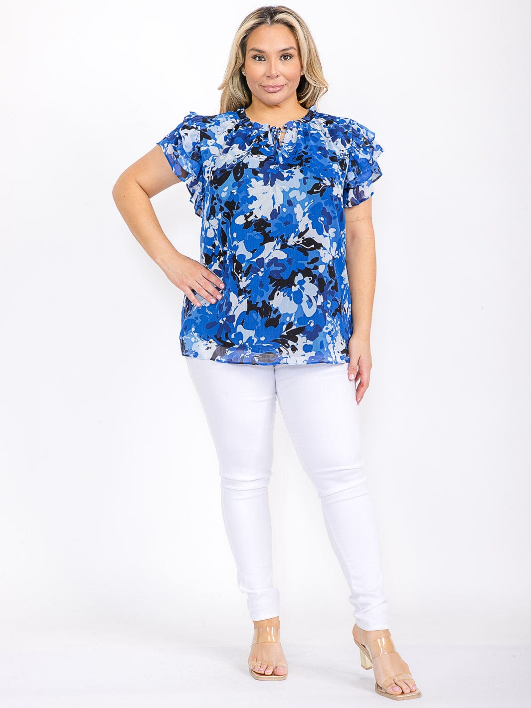 PLUS SIZE SHORT RUFFLE SLEEVE FLORAL BLOUSE