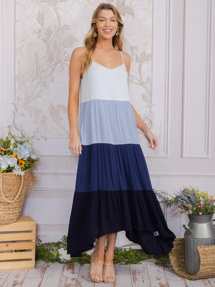 WOMEN'S SLEEVELESS FRONT POCKETS COLORBLOCK MAXI DRESS