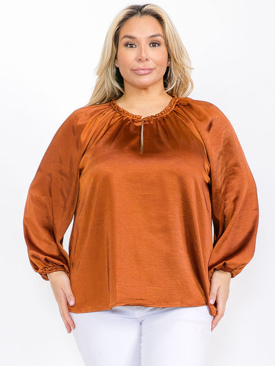 PLUS SIZE LONG SLEEVE V-NECK SATIN BLOUSE