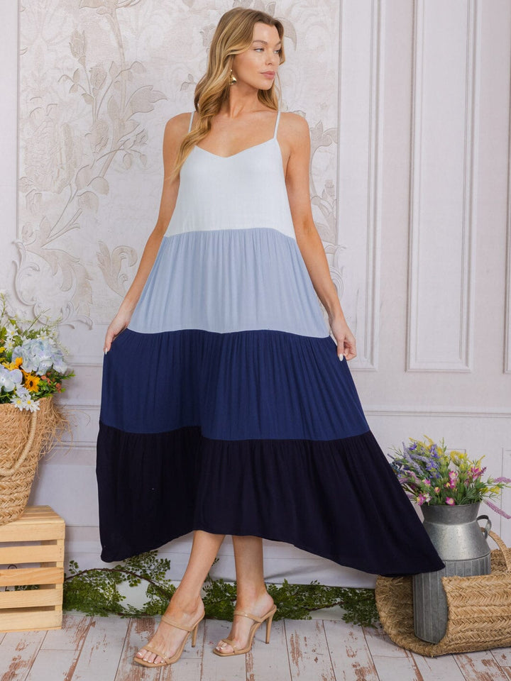 WOMEN'S SLEEVELESS FRONT POCKETS COLORBLOCK MAXI DRESS