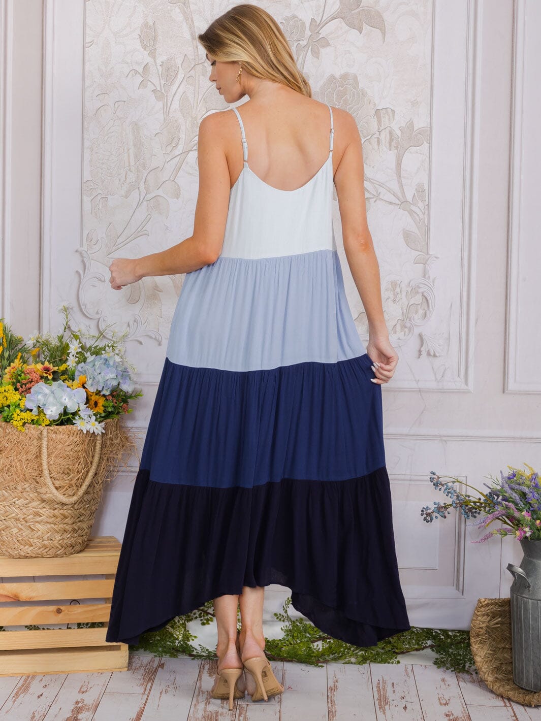WOMEN'S SLEEVELESS FRONT POCKETS COLORBLOCK MAXI DRESS
