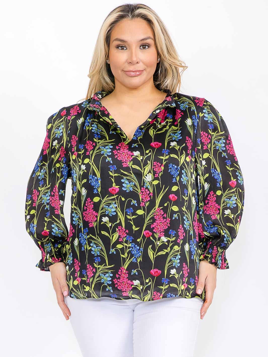 PLUS SIZE LONG SLEEVE RUFFLE V-NECK FLORAL BLOUSE