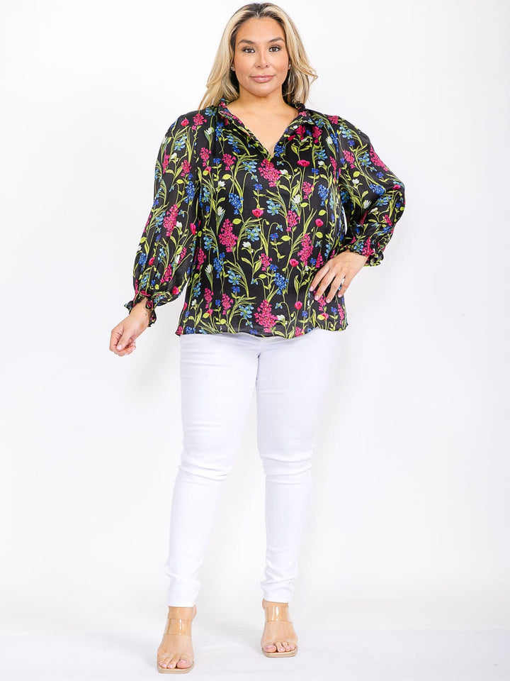 PLUS SIZE LONG SLEEVE RUFFLE V-NECK FLORAL BLOUSE