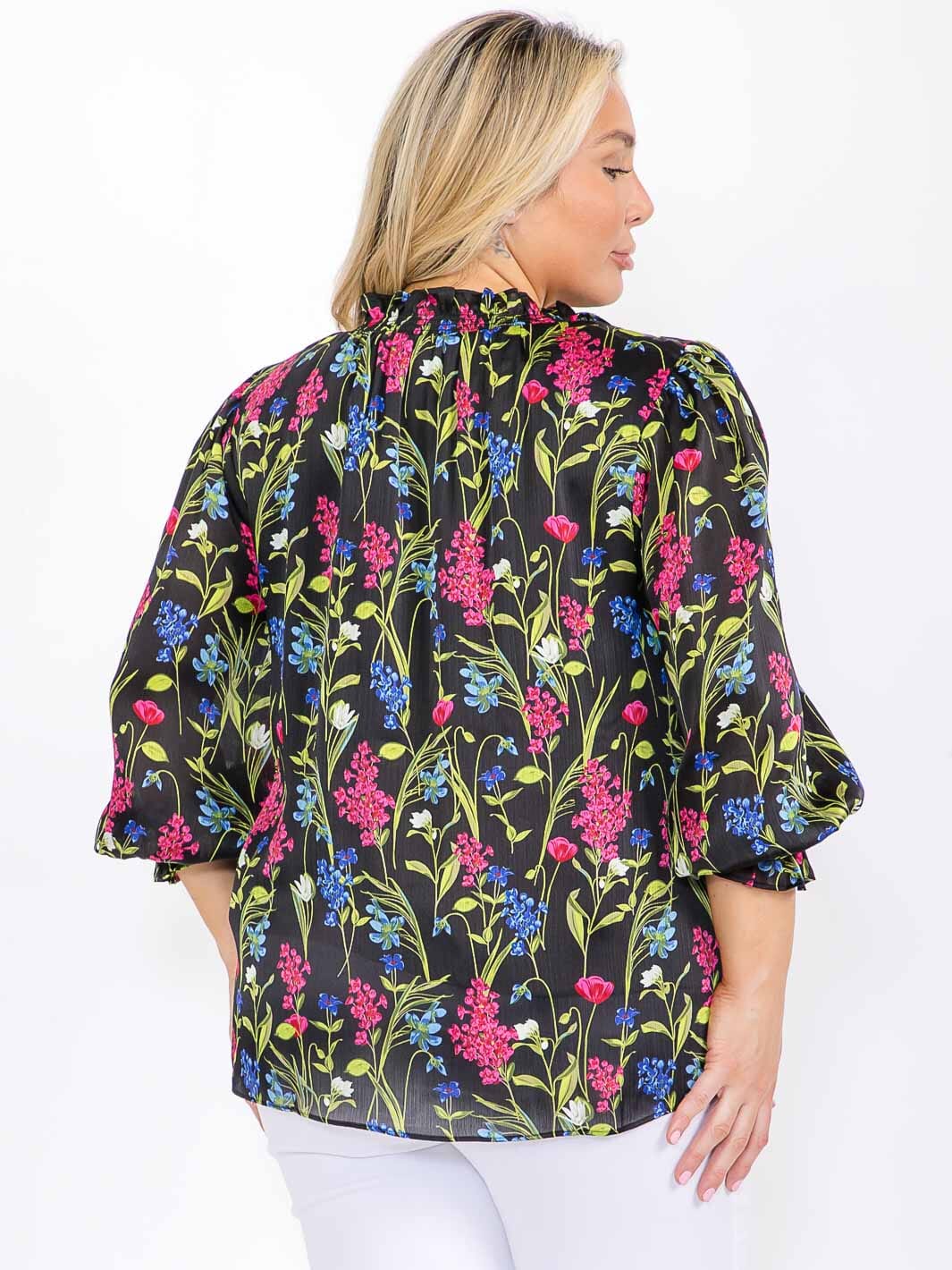 PLUS SIZE LONG SLEEVE RUFFLE V-NECK FLORAL BLOUSE