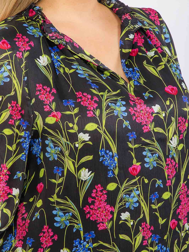 PLUS SIZE LONG SLEEVE RUFFLE V-NECK FLORAL BLOUSE
