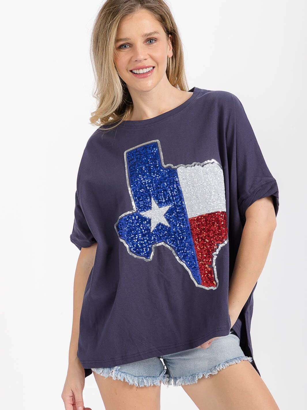 WOMEN'S SHORT SLEEVE HIGH-LOW GRAPHIC PATRIOTIC SHIRT
