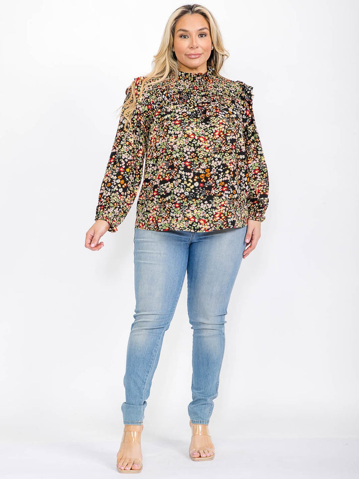 PLUS SIZE LONG SLEEVE MOCK NECK SMOCK FLORAL BLOUSE