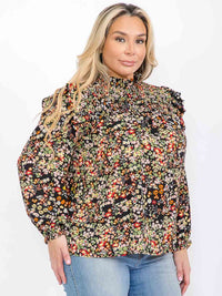 PLUS SIZE LONG SLEEVE MOCK NECK SMOCK FLORAL BLOUSE