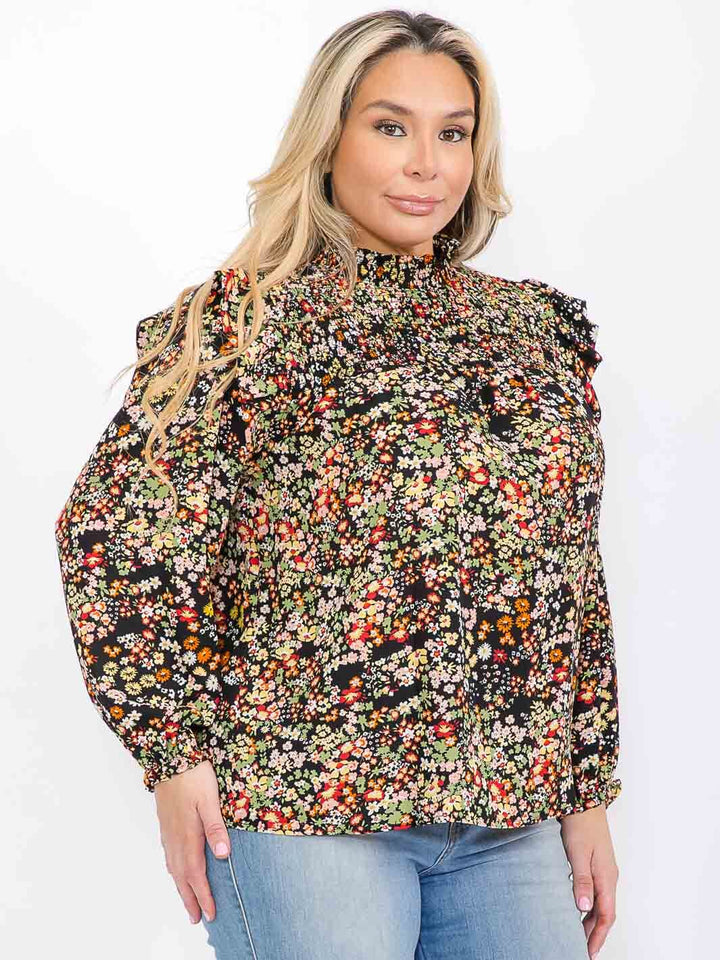 PLUS SIZE LONG SLEEVE MOCK NECK SMOCK FLORAL BLOUSE