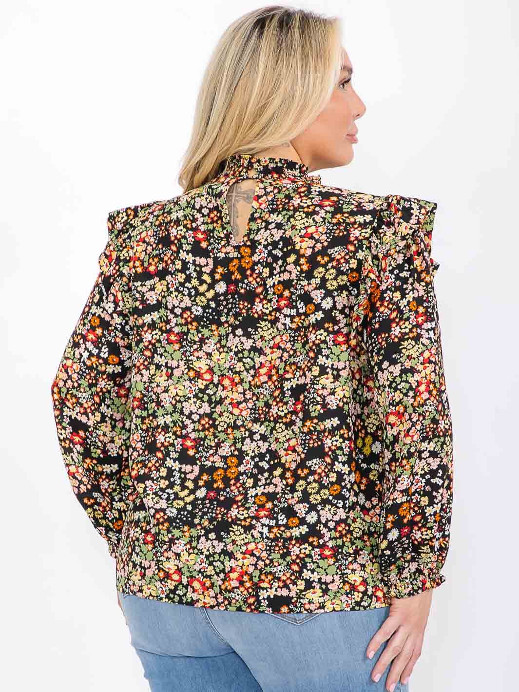 PLUS SIZE LONG SLEEVE MOCK NECK SMOCK FLORAL BLOUSE